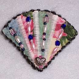 Blue, Pink, Green Fan Beaded Art Quilt Pin, Pendant,  Sue Andrus